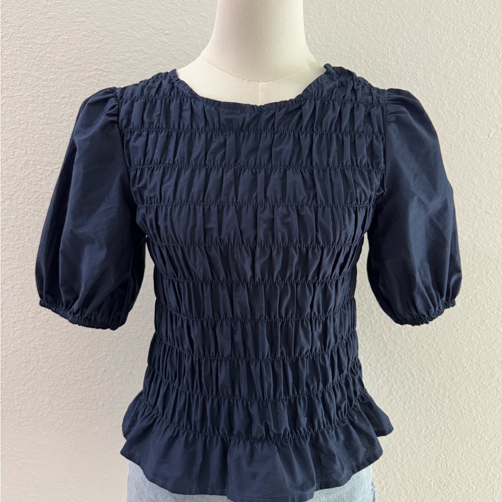 Sanctuary Navy Smocked Puff Sleeve Blouse